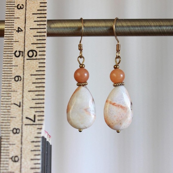 Handmade Peach Aventurine Jasper Drop Earrings Boho Earthy Forest Fairy Bohemian - Picture 2 of 3